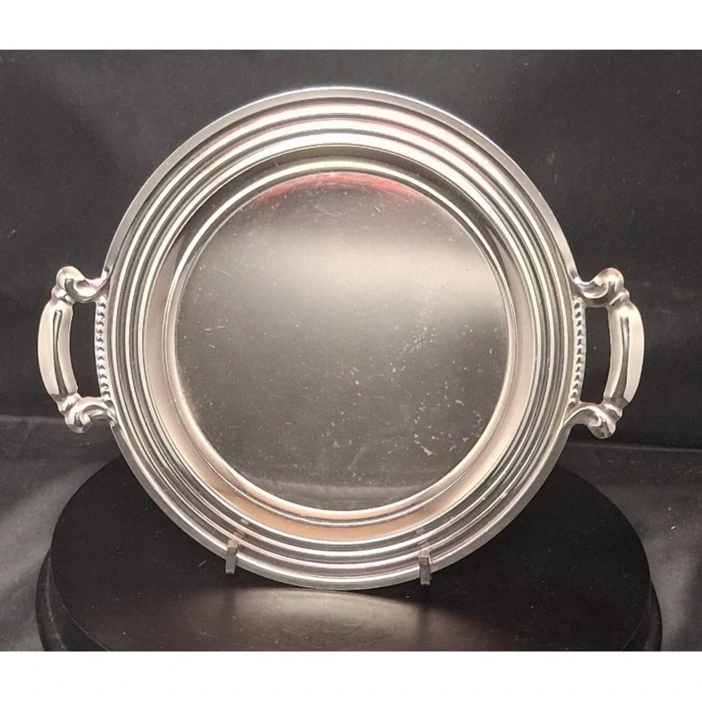 Vintage Silver Tone Round Serving Tray with Handles Beaded Rim 9 Inch